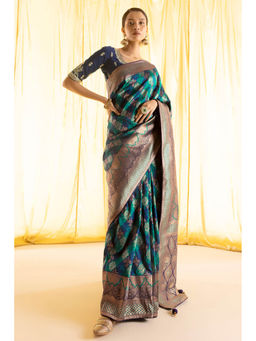 Soch - Women Teal Silk Woven Saree with Unstitched Blouse