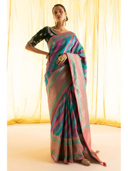 Soch - Women Green Silk Stripes Saree with Unstitched Blouse