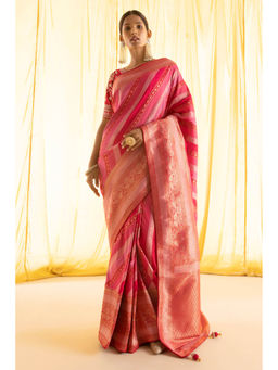 Soch - Women Coral Silk Woven Saree with Unstitched Blouse