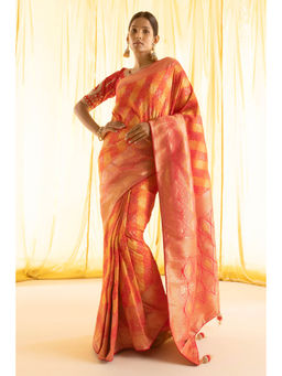 Soch - Women Orange Silk Woven Saree with Unstitched Blouse