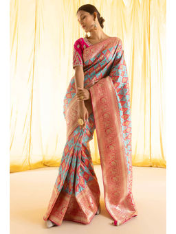Soch - Women Blue Silk Handloom Saree with Unstitched Blouse