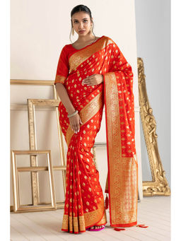 Soch - Women Red Silk Woven Saree with Unstitched Blouse