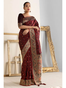 Soch - Women Maroon Silk Printed Saree with Unstitched Blouse