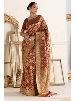 Soch - Women Maroon Silk Woven Saree with Unstitched Blouse