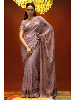 Soch - Women Mauve Georgette Embroidered Saree with Unstitched Blouse