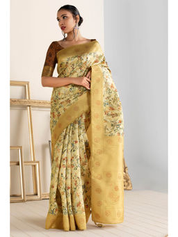 Soch - Women Yellow Silk Floral Saree with Unstitched Blouse