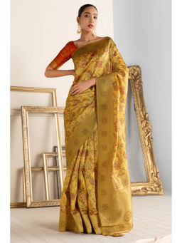 Soch - Women Mustard Chanderi Floral Saree with Unstitched Blouse