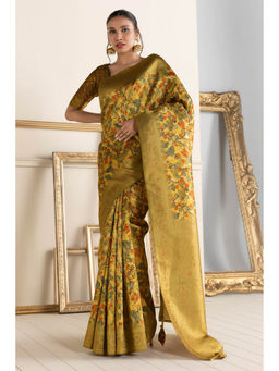 Soch - Women Mustard Chanderi Printed Saree with Unstitched Blouse