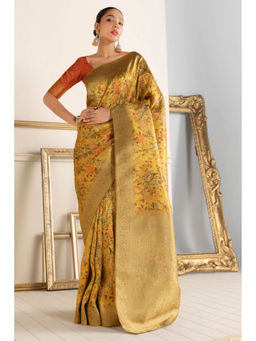 Soch - Women Mustard Chanderi Floral Saree with Unstitched Blouse