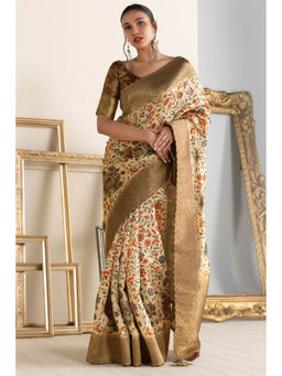 Soch - Women Off White Chanderi Floral Saree with Unstitched Blouse