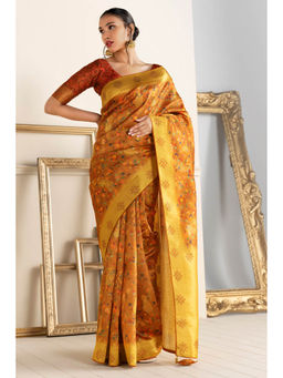 Soch - Women Rust Chanderi Floral Saree with Unstitched Blouse