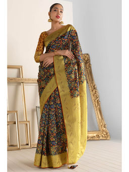 Soch - Women Black Chanderi Printed Saree with Unstitched Blouse