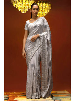 Soch - Women Grey Crepe Floral Saree with Unstitched Blouse