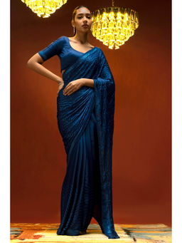 Soch - Women Blue Crepe Embellished Saree with Unstitched Blouse