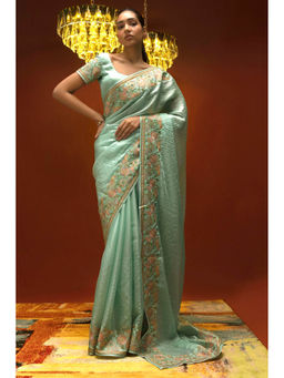 Soch - Women Blue Organza Embroidered Saree with Unstitched Blouse