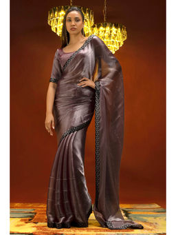 Soch - Women Purple Organza Stripes Saree with Unstitched Blouse