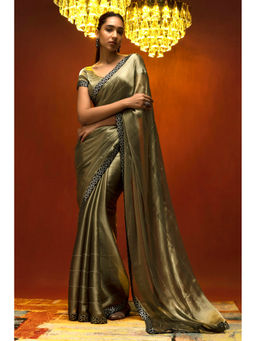 Soch - Women Green Organza Stripes Saree with Unstitched Blouse