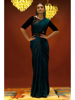 Soch - Women Teal Crepe Pleated Saree & Belt with Unstitched Blouse