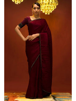 Soch - Women Maroon Crepe Pleated Saree with Unstitched Blouse