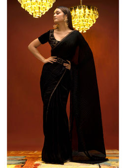 Soch - Women Black Crepe Pleated Saree & Belt with Unstitched Blouse
