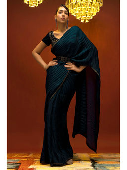 Soch - Women Blue Crepe Pleated Saree & Belt with Unstitched Blouse