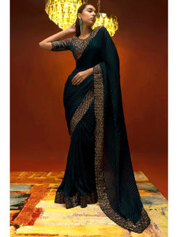 Soch - Women Blue Crepe Pleated Saree with Unstitched Blouse