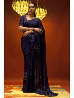 Soch - Women Navy Blue Chiffon Embellished Saree with Unstitched Blouse