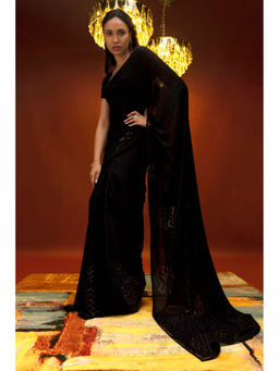 Soch - Women Black Chiffon Embellished Saree with Unstitched Blouse
