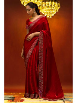 Soch - Women Red Organza Embroidered Saree with Unstitched Blouse
