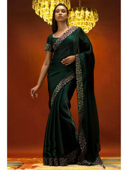 Soch - Women Green Organza Embroidered Saree with Unstitched Blouse