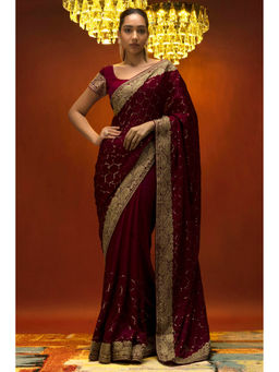 Soch - Women Maroon Chiffon Embellished Saree with Unstitched Blouse