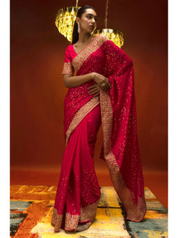 Soch - Women Pink Chiffon Embellished Saree with Unstitched Blouse