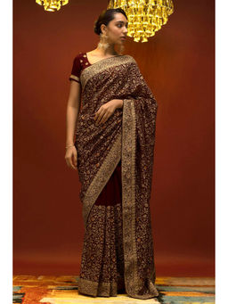 Soch - Women Maroon Georgette Embroidered Saree with Unstitched Blouse