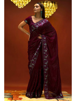 Soch - Women Maroon Georgette Embellished Saree with Unstitched Blouse
