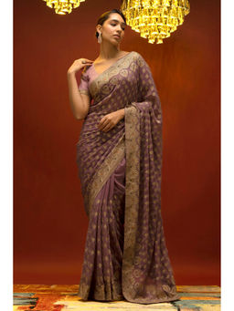 Soch - Women Purple Georgette Embroidered Saree with Unstitched Blouse