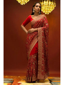 Soch - Women Red Georgette Embroidered Saree with Unstitched Blouse