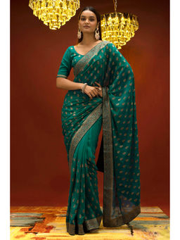 Soch - Women Blue Georgette Embroidered Saree with Unstitched Blouse