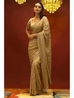 Soch - Women Beige Georgette Embroidered Saree with Unstitched Blouse