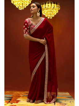 Soch - Women Maroon Georgette Embellished Saree with Unstitched Blouse