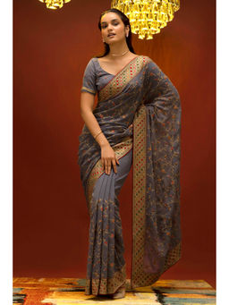 Soch - Women Grey Georgette Embroidered Saree with Unstitched Blouse