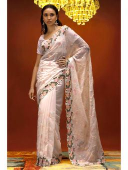 Soch - Women Off White Georgette Embroidered Saree with Unstitched Blouse