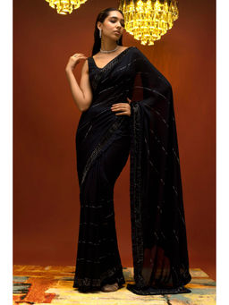Soch - Women Navy Blue Silk Embellished Saree with Unstitched Blouse