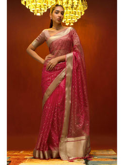 Soch - Women Pink Organza Embellished Saree with Unstitched Blouse