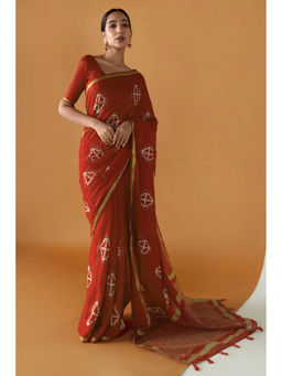 Soch - Women Red Chanderi Printed Saree with Unstitched Blouse