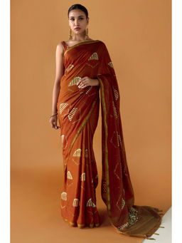 Soch - Women Rust Chanderi Printed Saree with Unstitched Blouse