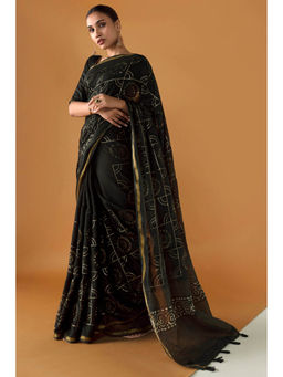 Soch - Women Black Chanderi Printed Saree with Unstitched Blouse