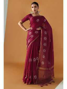 Soch - Women Magenta Chanderi Printed Saree with Unstitched Blouse