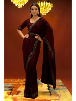 Soch - Women Maroon Silk Embellished Saree & Belt with Unstitched Blouse