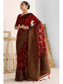 Soch - Women Maroon Silk Woven Saree with Unstitched Blouse