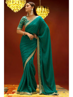 Soch - Women Turquoise Georgette Embellished Saree with Unstitched Blouse